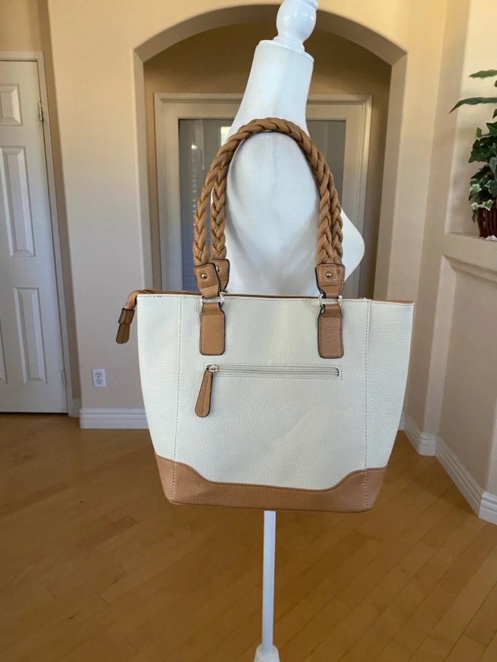 Cream Large Tote with Tan Braided Handles